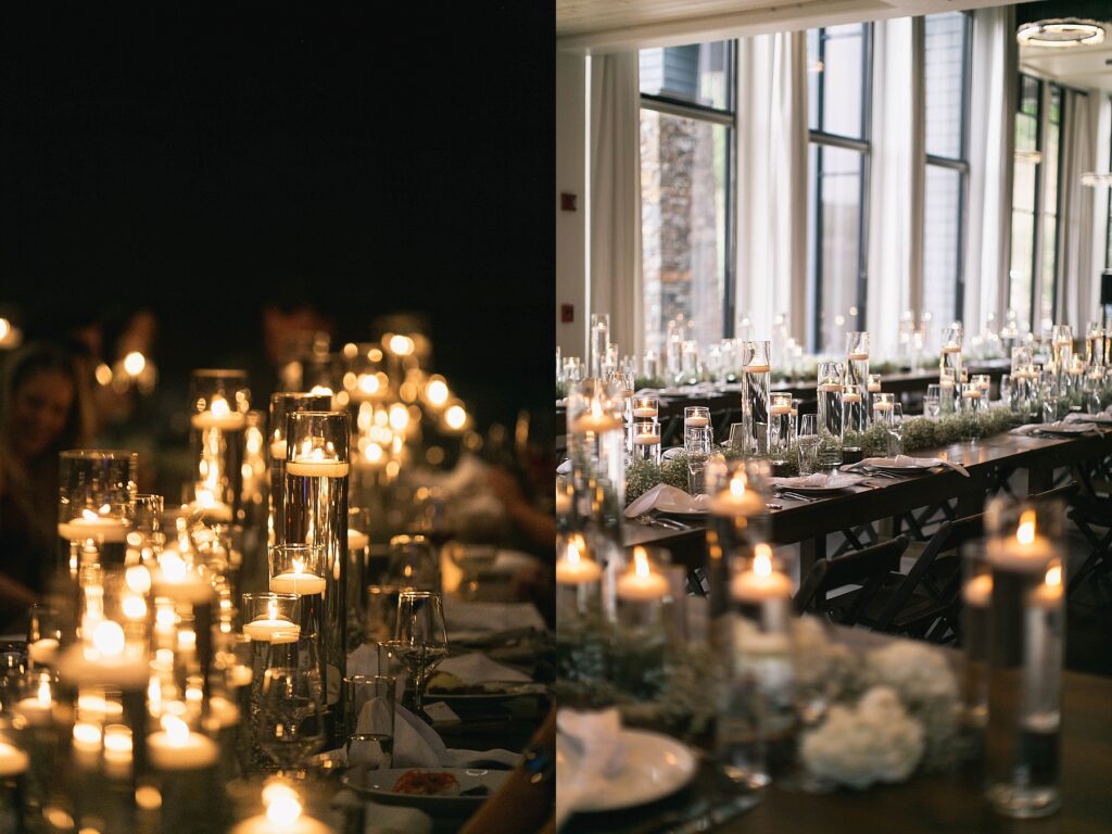 A luxurious wedding reception at Moonlight Basin, featuring an elegant candlelit ambiance and beautifully styled tables with a modern mountain-lodge feel.