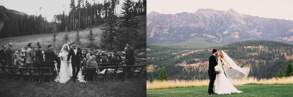 A stunning wedding ceremony and romantic couple portrait at Moonlight Basin, showcasing the beauty of Big Sky, Montana.