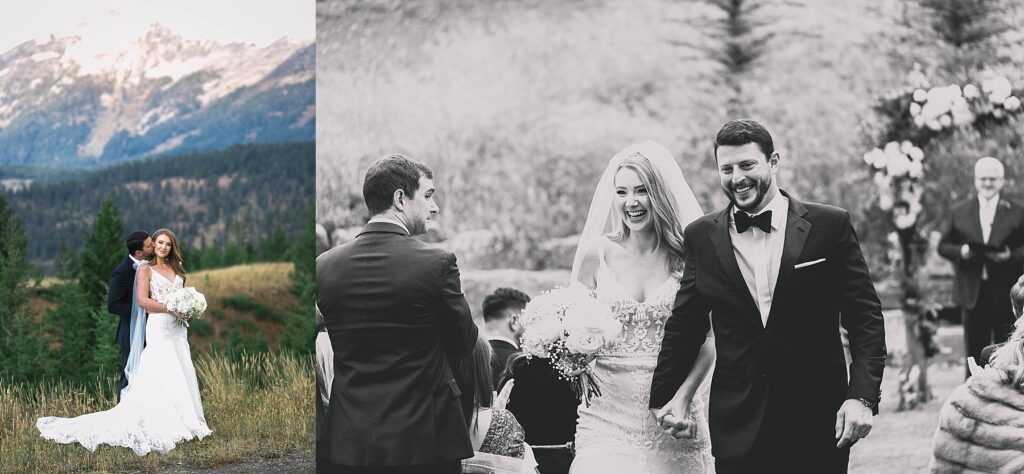 A stunning wedding at Moonlight Basin, featuring a joyful post-ceremony moment and a breathtaking couple portrait with Montana mountain views.