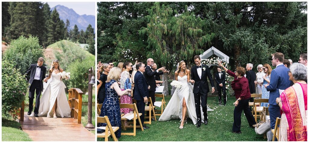 A joyful bride and groom walk down the aisle at Rainbow Ranch Lodge as guests toss flower petals in celebration.