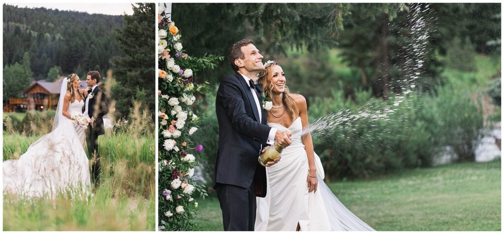 A newlywed couple shares a quiet moment in a field with Rainbow Ranch Lodge in the background, followed by a joyful champagne pop celebration.